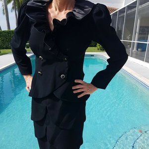 Vintage 80s Fancy Cocktail Scalloped Tiered Skirt Suit Jacket Blazer 2 piece Set